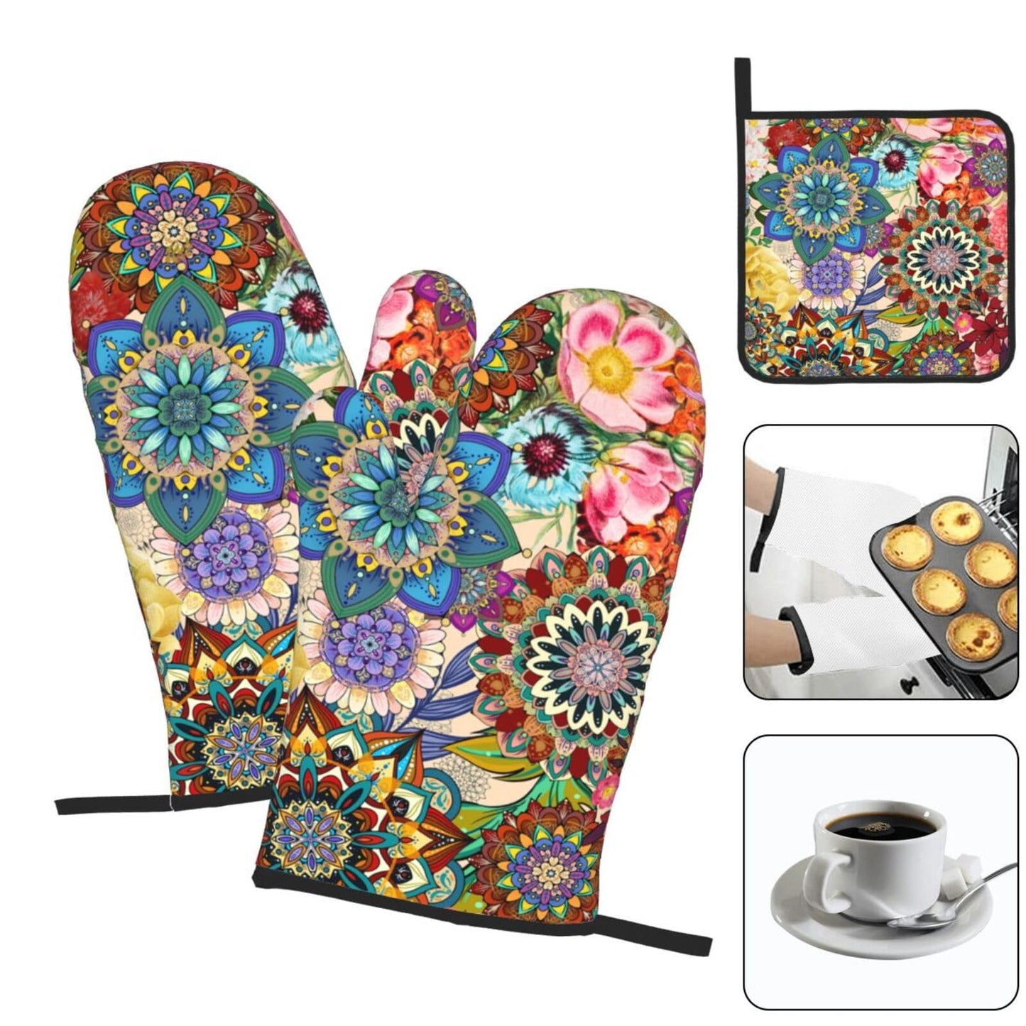 Boho Floral Oven Mitts and Pot Holders Sets, Heat Resistant Colorful Kitchen Gloves Hot Pads, Cute Baker Stuff, Chef Cooking Baking Gifts for Women Bakers, Kitchen Gifts for Cooking Lover Cooks Mom