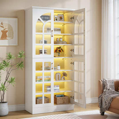Tribesigns 8-Tier Bookshelf with Doors and LED Lights, 68.9" Tall Bookcase with Adjustable Shelves, Modern Wooden Display Cabinet for Living Room, Home Office, Bedroom, White (1PC)