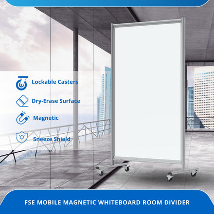 FSE 373-MD4072W Mobile Magnetic Whiteboard Room Divider, 75" Tall Double-Sided Board, Sound Proof Partition Wall Divider with Locking Casters, Steel Frame, Ghost-Resistant Surface, White/Silver
