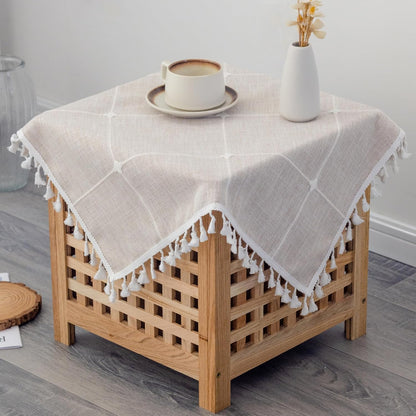 24x24 Inch Cotton Linen Small Square Tablecloth Boho Wrinkle Free Washable Plaid Table Cover with Tassels Brown