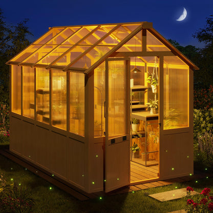 EROMMY 6x10 FT Wooden Greenhouse for Outdoors, Walk-in Greenhouse Kit with 4mm Polycarbonate Panels, Adjustable Roof Vent, Lockable Door, Backyard Greenhouse for Plants and Vegetables