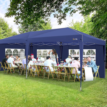 HOTEEL 10x20 Pop up Canopy Tent with Sidewalls, Outdoor Waterproof Tents for Parties with Center Lock, Sandbag, Easy Setup Event Tent Shelter with Reinforce Rod for Backyard, Camping, Market, Navy