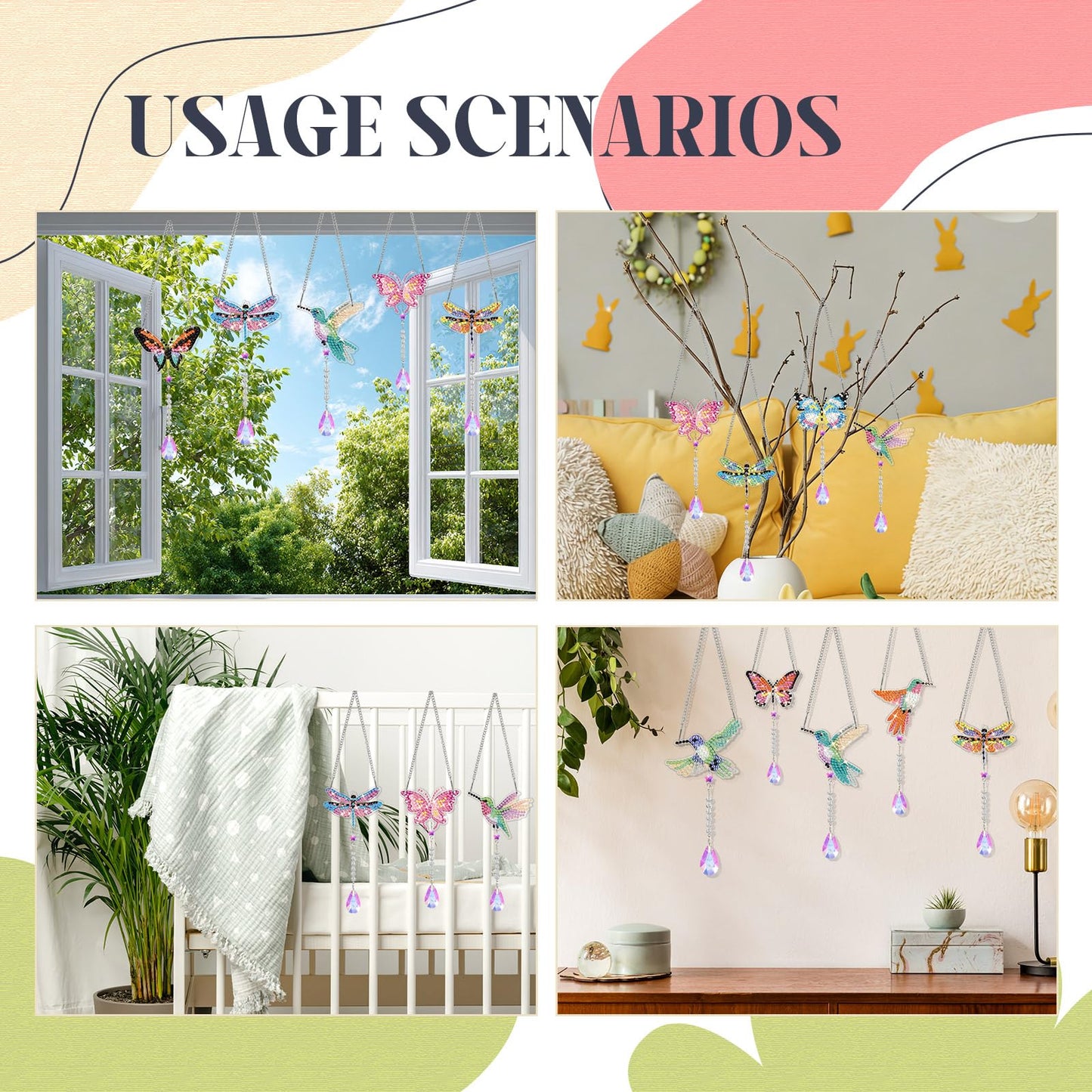 Seenelling 24 Pcs Diamond Painting Suncatcher Bulk Wind Chime Diamond Art Kits DIY Crafts with Crystal Pendant for Summer Spring Adult Window Garden Home Party Gift(Butterfly Dragonfly Bird)