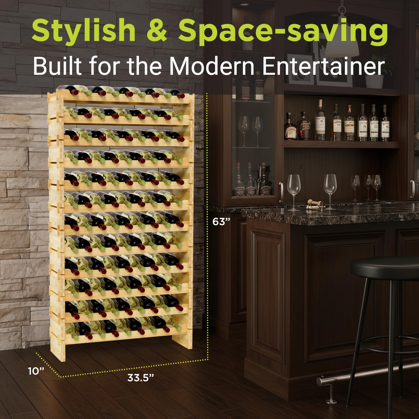 NutriChef 108 Bottle Wine Rack Stackable Bamboo Freestanding, 12 Tier Modular Shelf, Sturdy Wobble Free Upgraded 2026 Design, Easy No-Tool Assembly for Kitchen Cellar or Bar Storage 33.5" x 10" x 63”