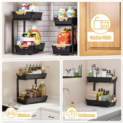 Homde 2-Tier Under Sink Organizer: 2pcs Set Adjustable Pull Out Drawer Undersink Cabinet Storage Rack for Home Kitchen Bathroom