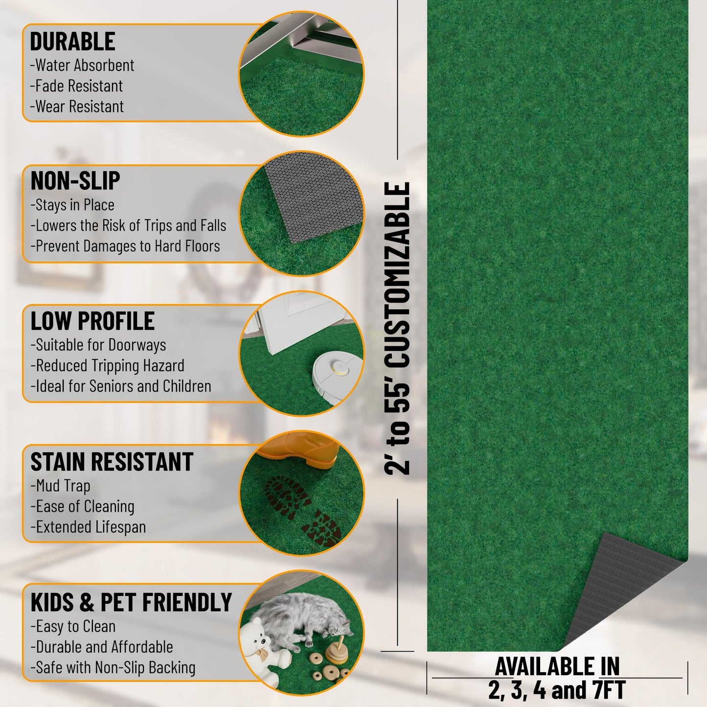 Ottomanson 6'6" x 51' Hallway Runner - Extra Durable Non-Slip Rug Mat for Indoor & Outdoor Use - Ideal for Kitchen, Entryway & Garage - High-Traffic Carpet, Green
