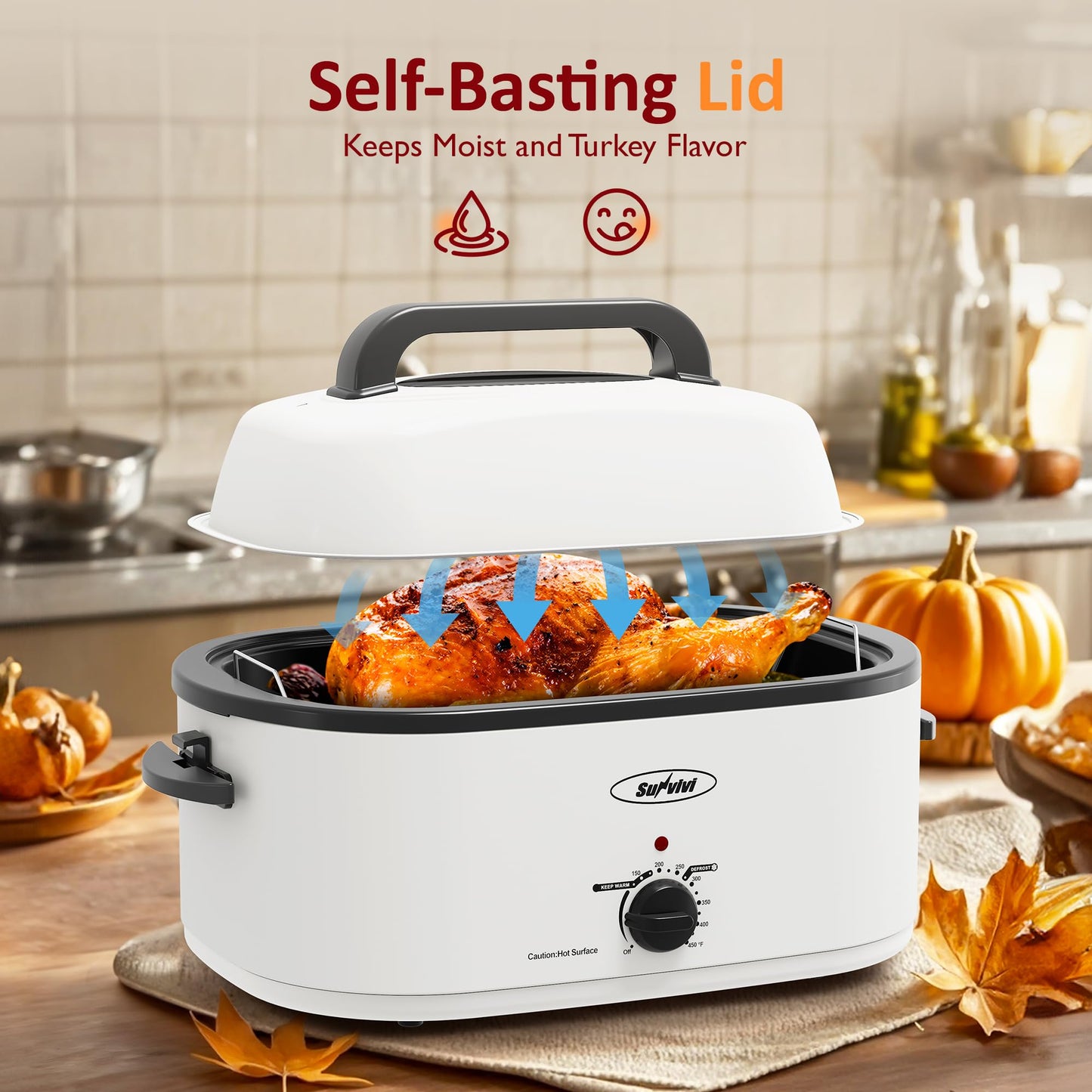 Sunvivi 24 Quart Electric Roaster Oven with Visible Self-Basting Lid, Turkey Roaster Oven with Removable Pan and Rack, Perfect for Large Meals and Holiday Feasts, White