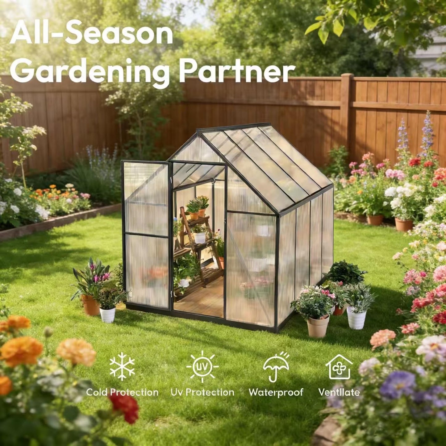 Jiliusure 6 x 8 FT Greenhouse for Outdoors, Polycarbonate Greenhouse with Quick Setup Structure and Roof Vent, Aluminum Large Walk-in Green House for Outside Garden Backyard, Dark Gray