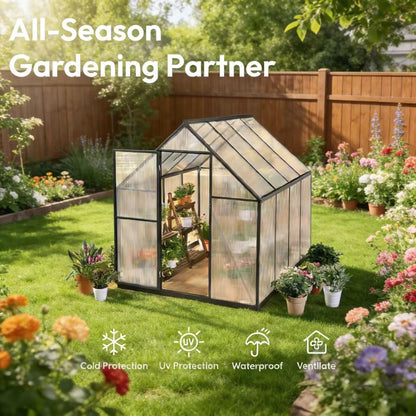Jiliusure 6 x 8 FT Greenhouse for Outdoors, Polycarbonate Greenhouse with Quick Setup Structure and Roof Vent, Aluminum Large Walk-in Green House for Outside Garden Backyard, Dark Gray