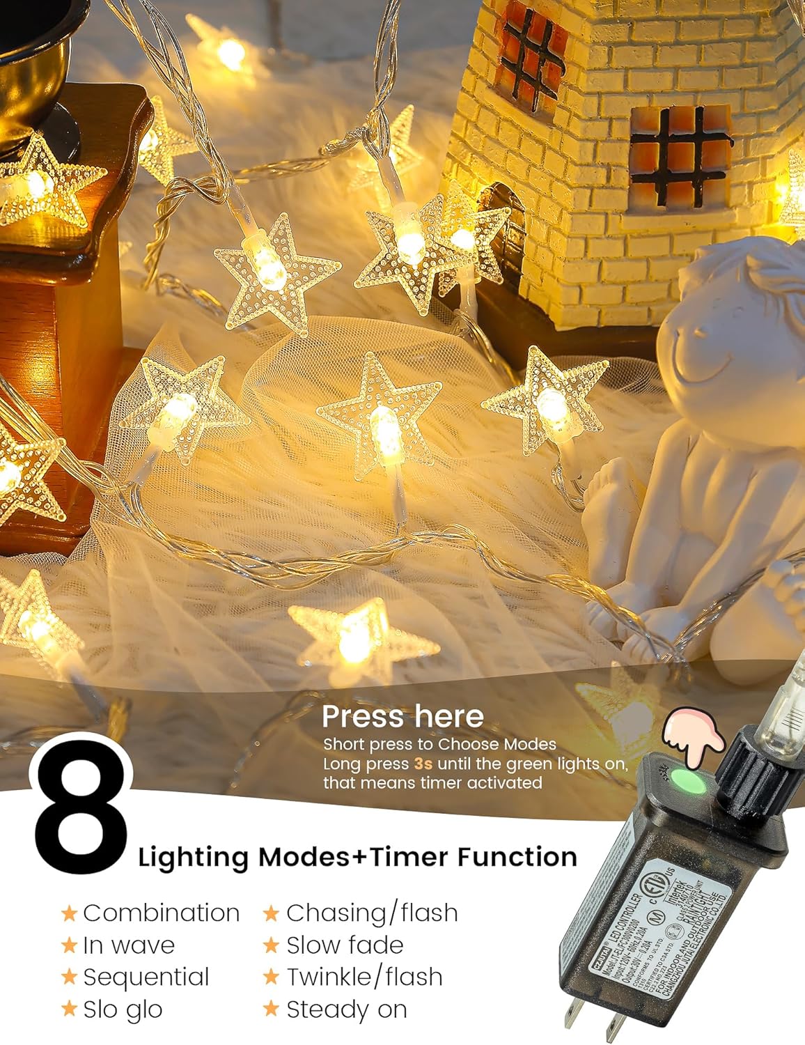syosupviry in,39ft 100LED Star String Lights Plug Fairy Lights with Remote, Hanging Star Decorations Lights Waterproof