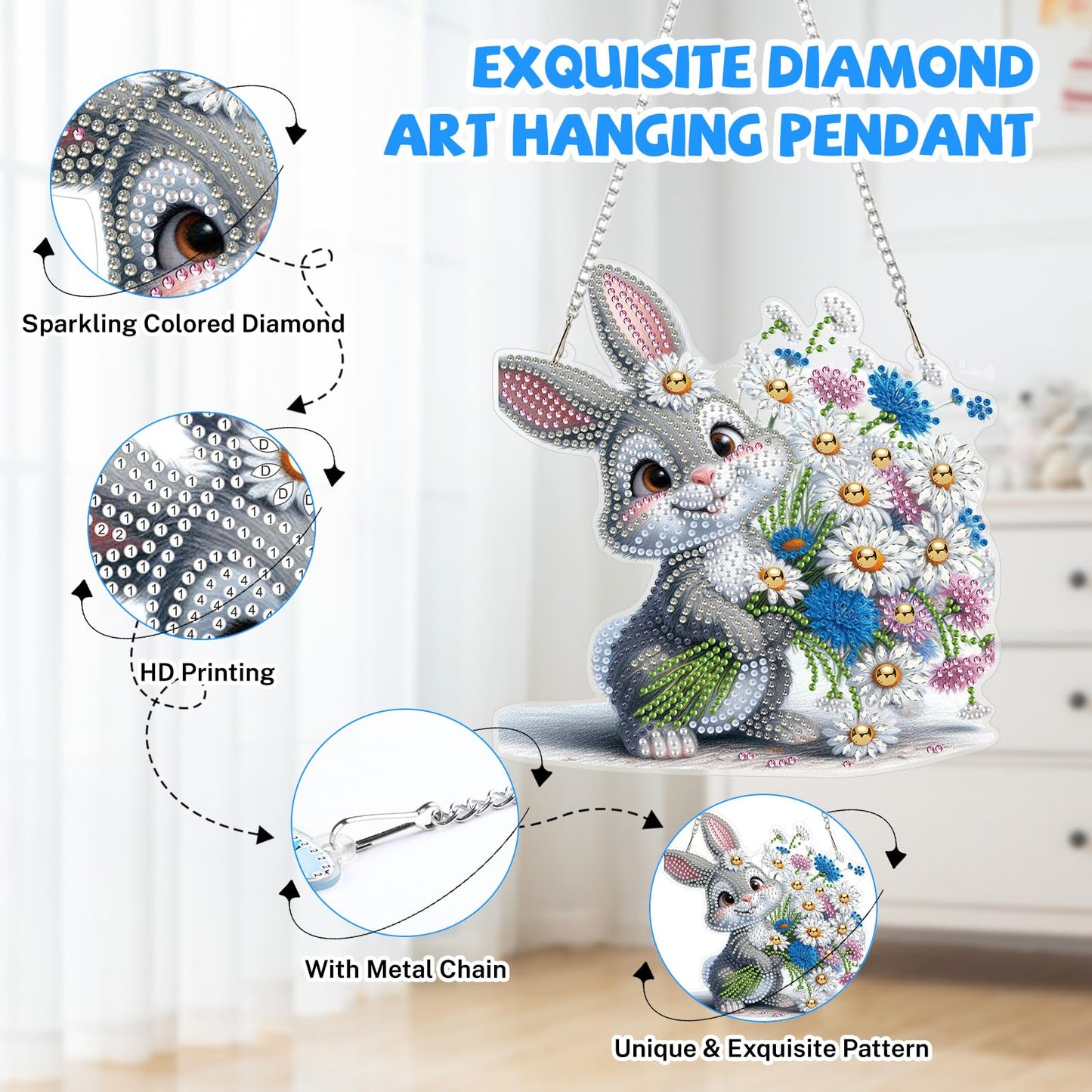 Bowetile Rabbit Diamond Art Hanging Kits for Adults, Diamond Art Suncatchers Bunny, 5D Special Shape Diamond Painting Flowers Pendant Window Ornament Easter Gifts for Home Wall Decor