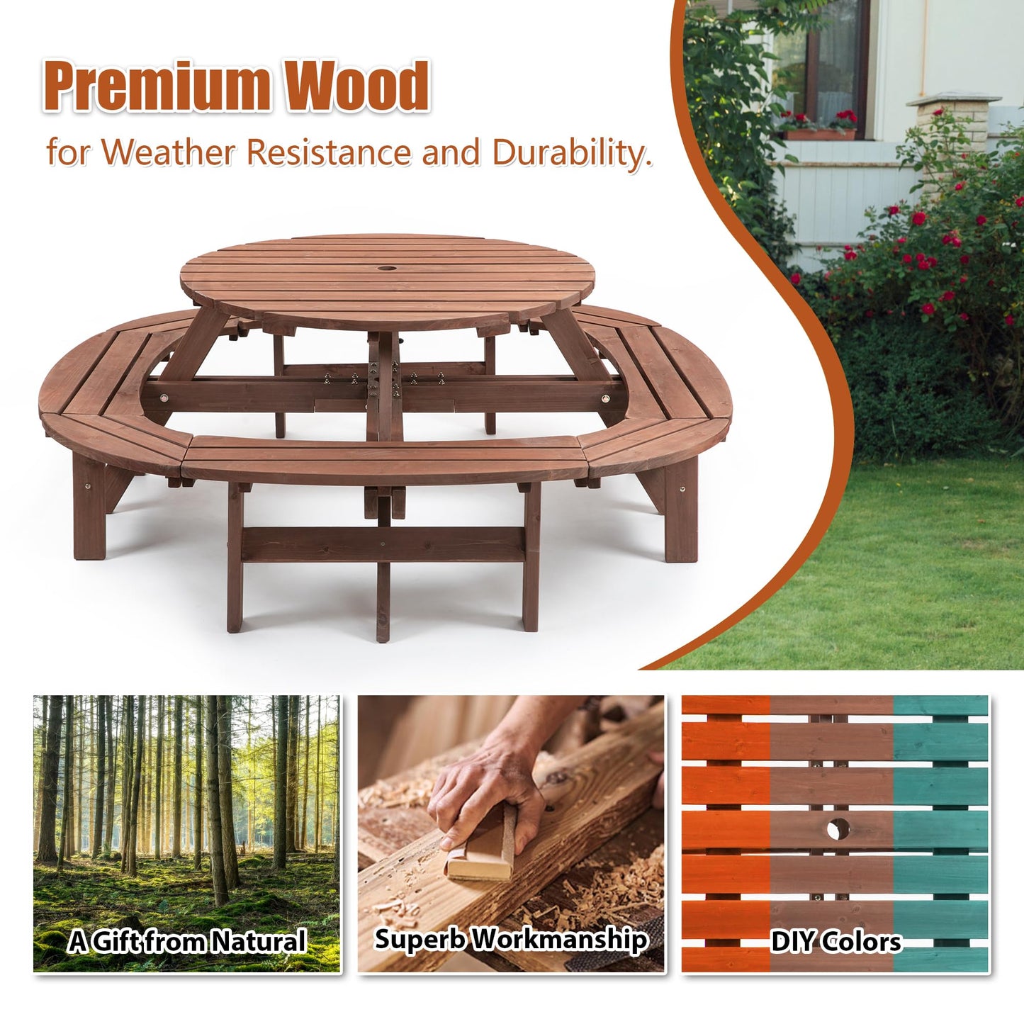 10-12 Person Round Outdoor Wooden Picnic Table with 1.97" Umbrella Hole, 70 Inch Heavy Duty Circular Backyard Patio Garden Table for Large Family Gathering, Rustic Fir Wood Dining Set, Walnut Brown