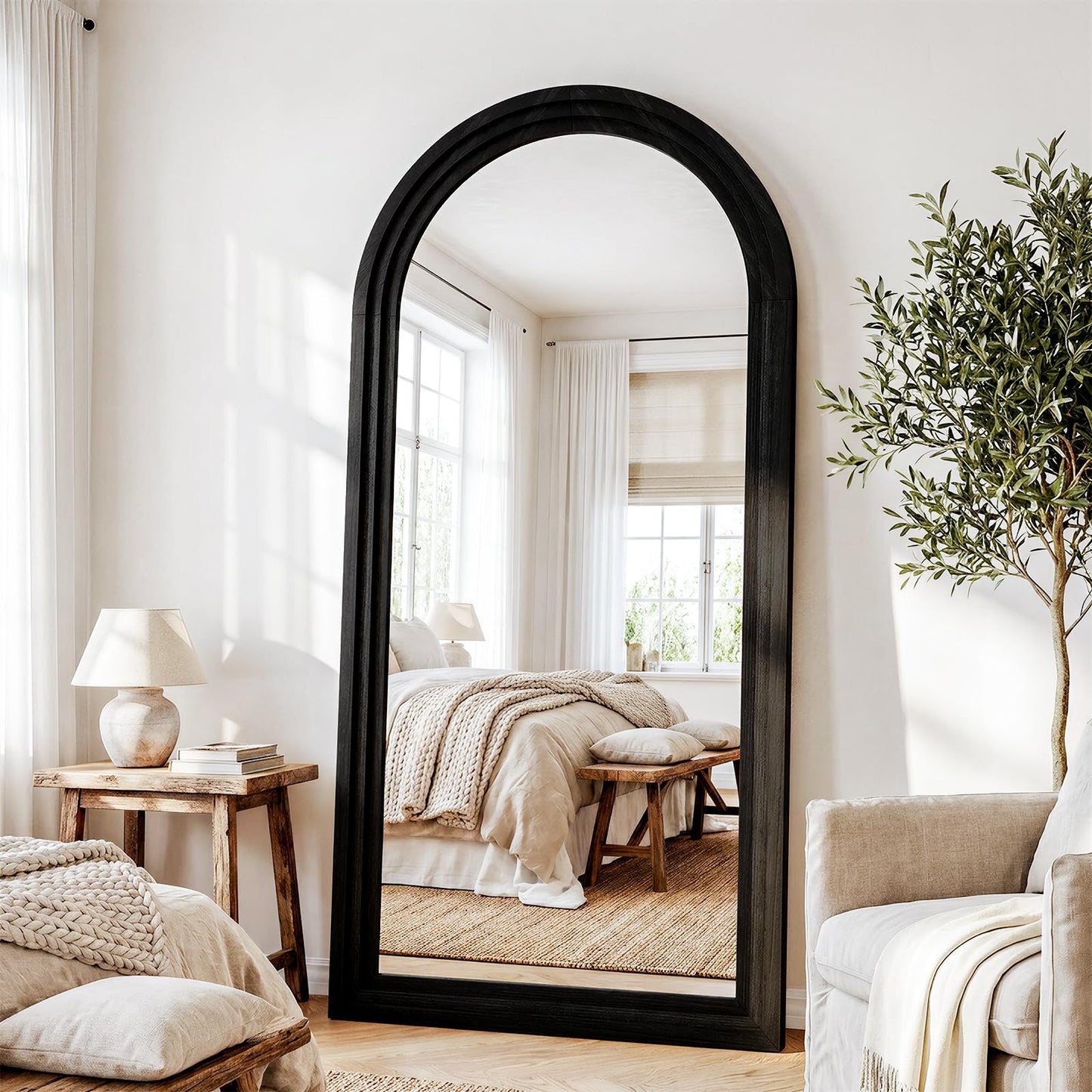 WISSMIELS 30"x71" Full Length Mirror Solid Wood Frame, Arched Floor Mirror Full Length with Stand, Room Decor Big Full Body Mirror with HD Tempered Glass for Bedroom, Living Room, Black