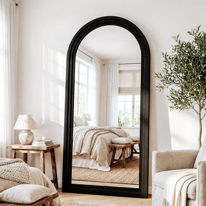 WISSMIELS 30"x71" Full Length Mirror Solid Wood Frame, Arched Floor Mirror Full Length with Stand, Room Decor Big Full Body Mirror with HD Tempered Glass for Bedroom, Living Room, Black