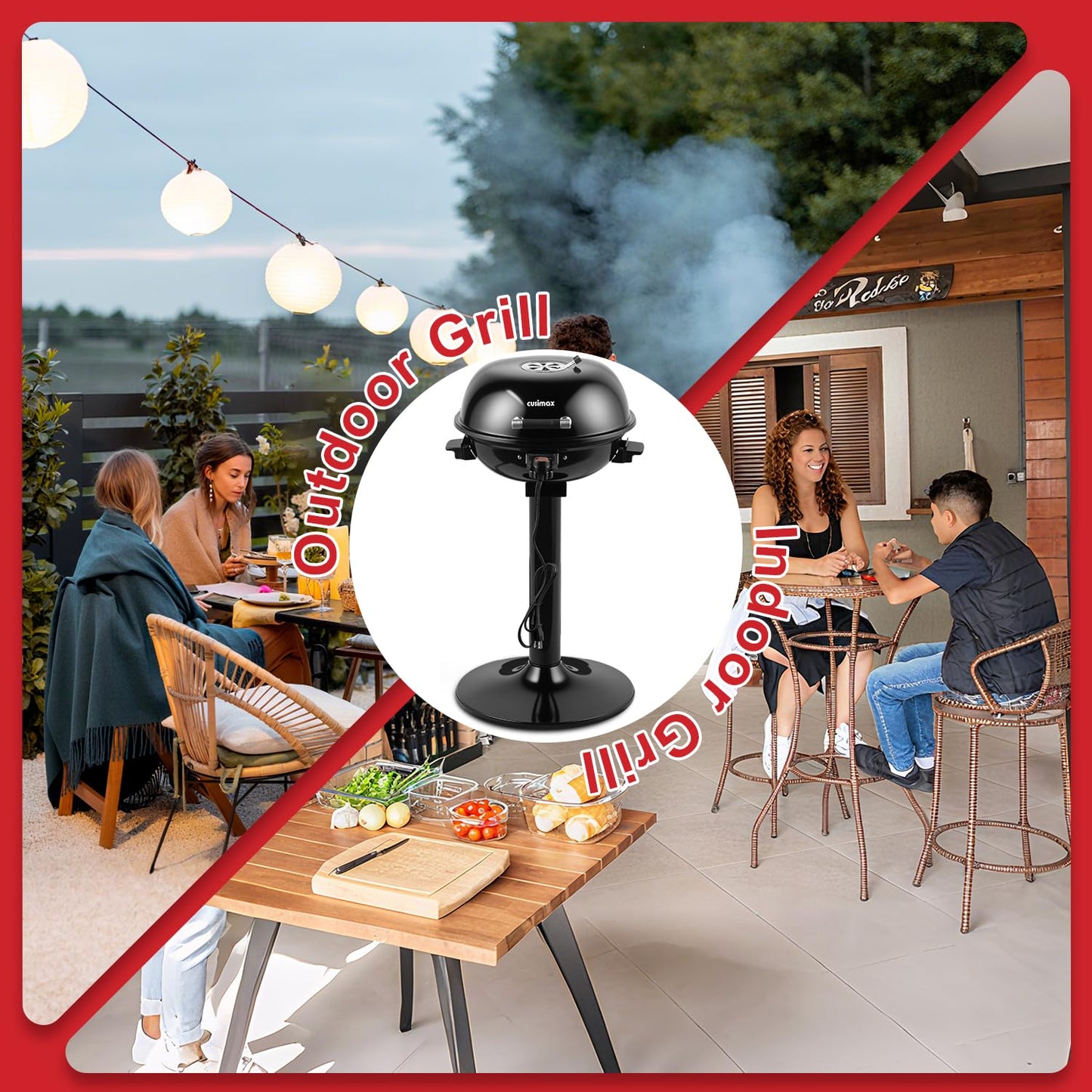 Electric Grill, CUSIMAX Electric Indoor/Outdoor Grill, 1600W Portable BBQ with Lid for Indoor & Outdoor Use, Adjustable Heat, Removable Stand Grill for Cookouts, BBQ Gatherings, Small Spaces