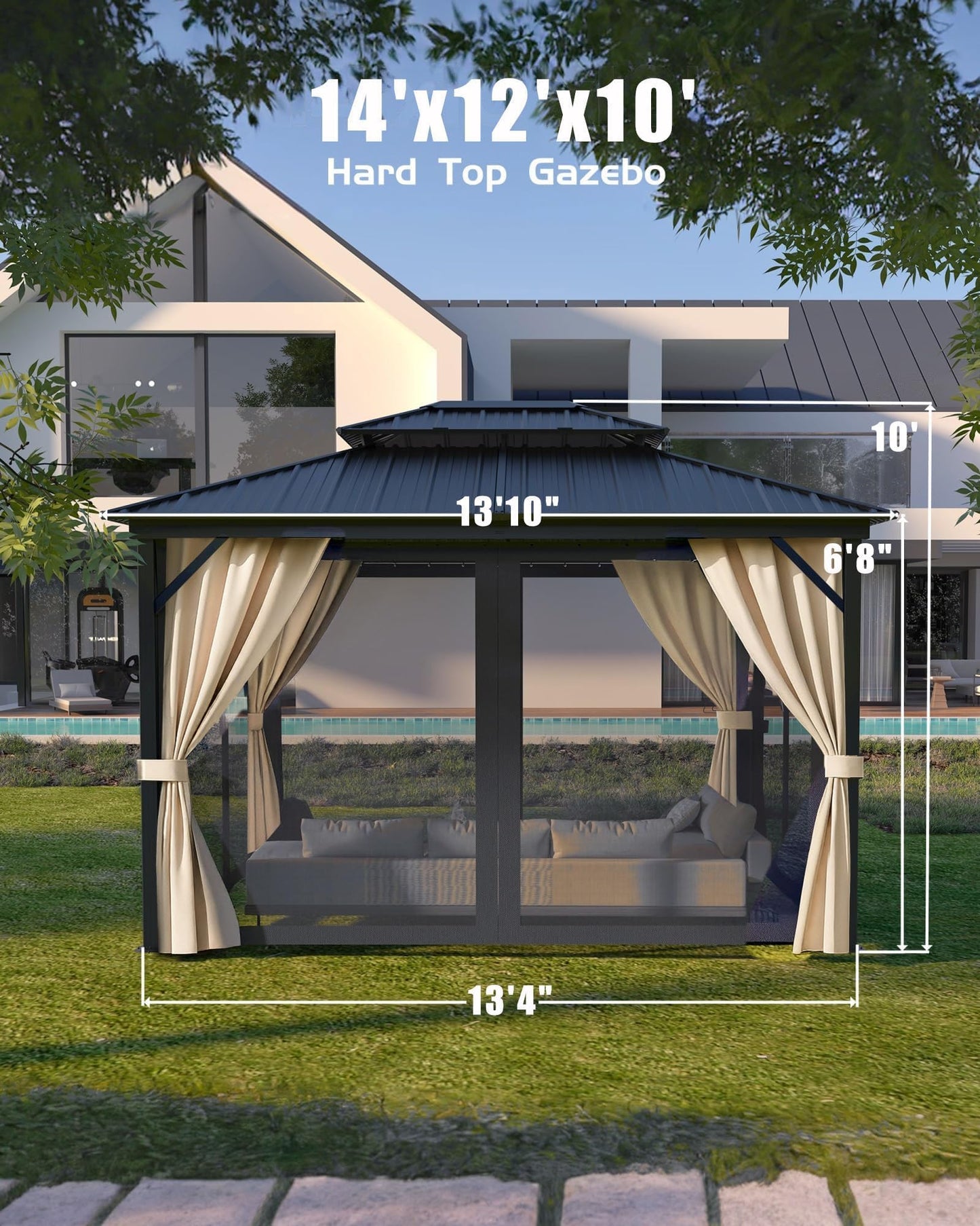 12'X14' Hardtop Gazebo, Metal Double Roof Aluminum Gazebos with Curtain and Netting, Permanent Galvanized Steel Pavilion, Heavy Duty Poles for Patio, Deck, Backyard, Lawn, Garden, Brown