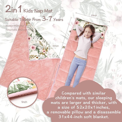 Nap Mats for Preschool,Toddler Nap Mat with Removable Blanket and Pillow, Extra Large Rolled Napping Mats,Toddler Sleeping Bag,Kids Sleeping Bag for Daycare,Nap Mats for Daycare (Flower)