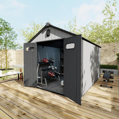 Domi 8x12Ft Resin Outdoor Storage Shed, Plastic Garden Shed with Carpet, Outside Weatherproof Storage Building for Tools, Bike, Lawn Mower, Patio, Backyard