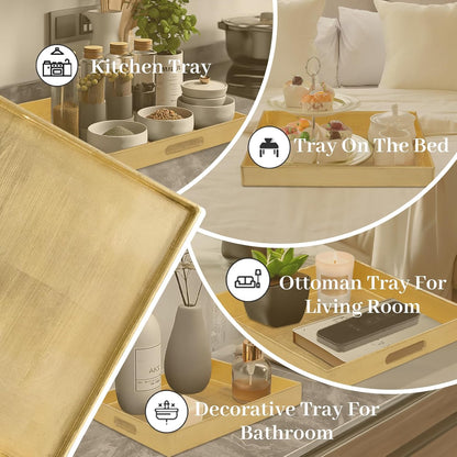 13" 13" 1.6" MAONAME Gold Decorative Tray with Handles, Foil Serving Tray for Ottoman, Square Coffee Table Trays