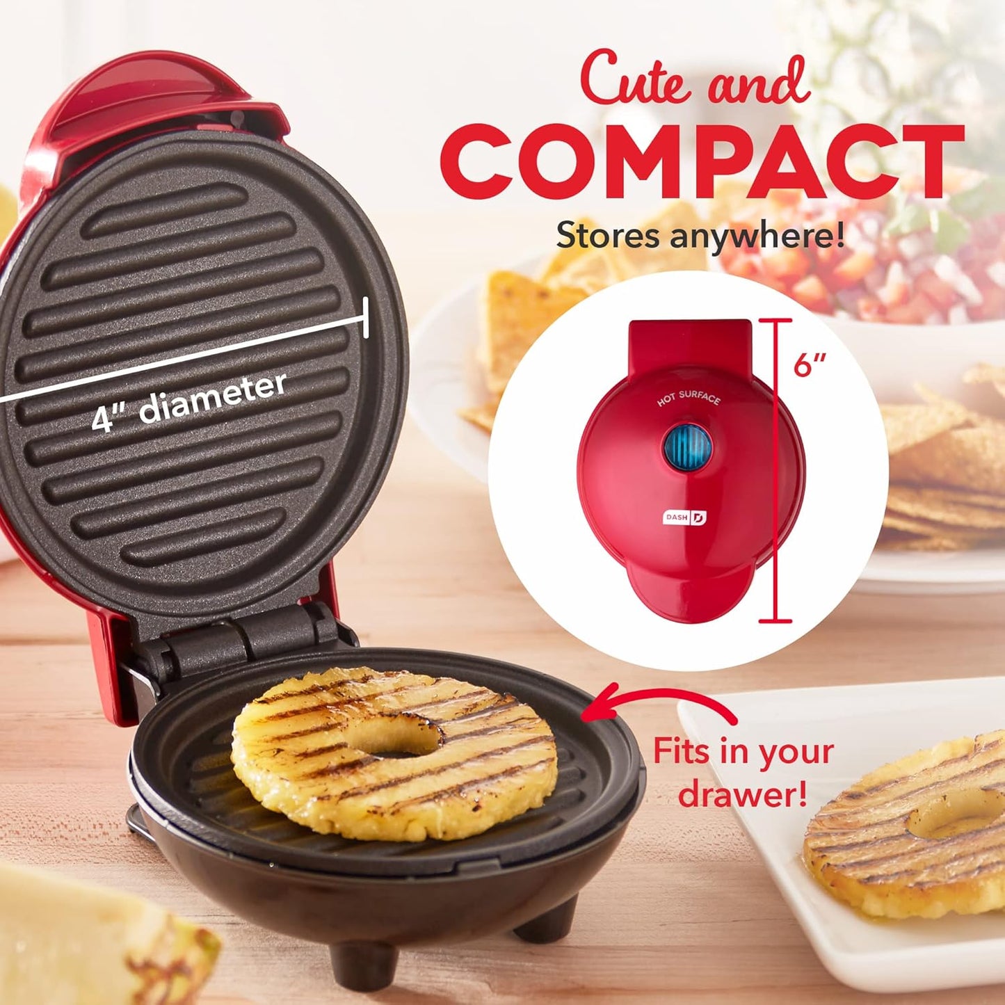DASH Mini Maker Portable Grill Machine + Panini Press for Gourmet Burgers, Sandwiches, and Snacks - Red