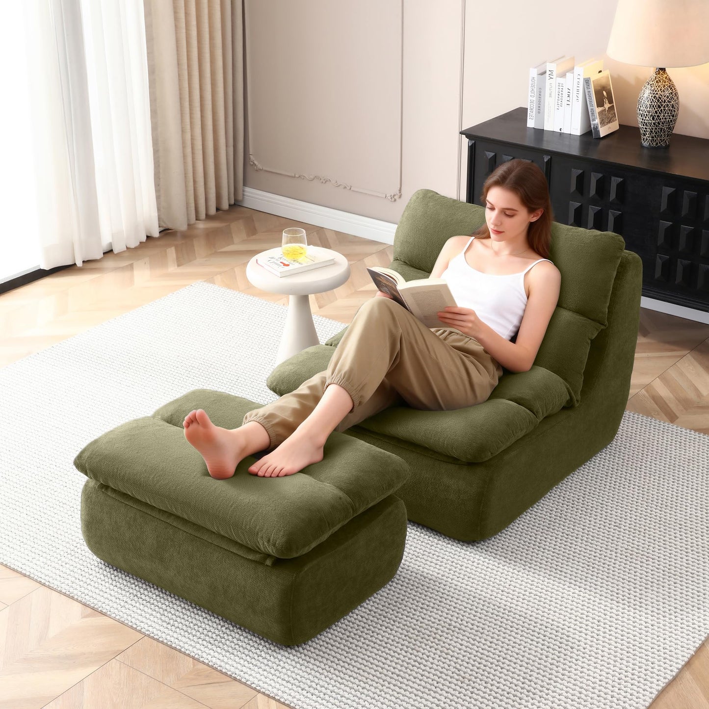 KEIKI 32" Bean Bag Chair with Ottoman, Upholstered Chaise Lounge Chair with High Density Foam, Tufted Lazy Sofa for Living Room, Bedroom (Green)