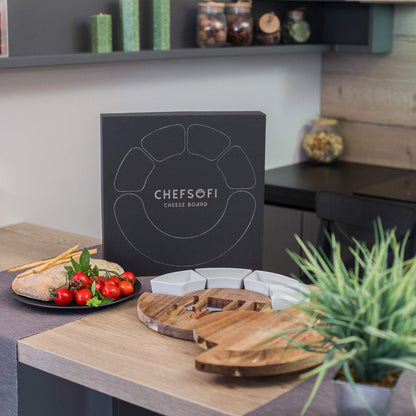 ChefSofi Charcuterie Board Set and Cheese Serving Platter - Made from Acacia Wood - US Patented 13 inch Cheese Board and Knife Set for Entertaining and Serving - 4 Knives and 4 Bowls