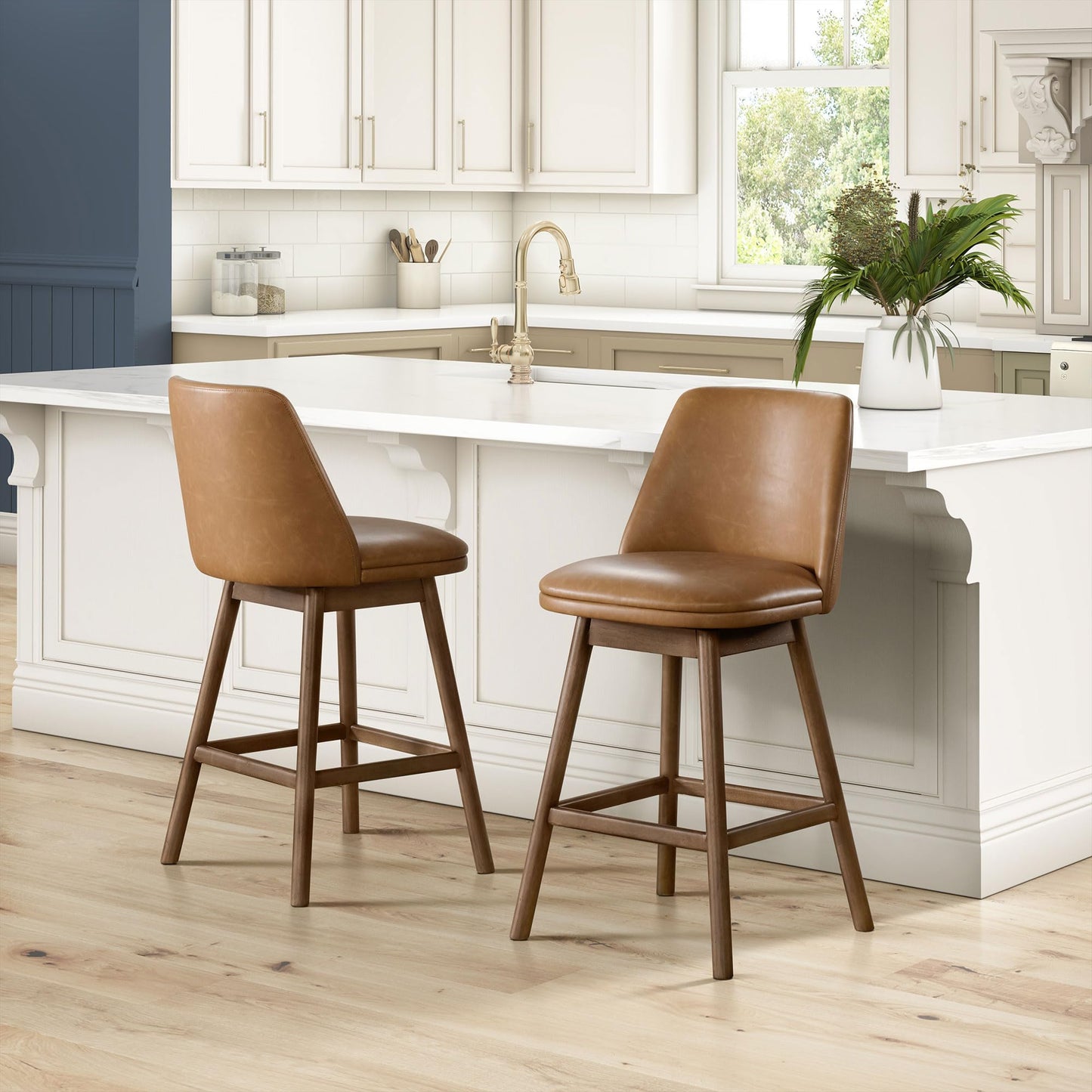 ROME + OAK Rowan 26 Inch Swivel Counter Height Stool in Walnut Finish with Brown Vegan Leather Upholstery Seat - Kitchen or Dining Room Furniture
