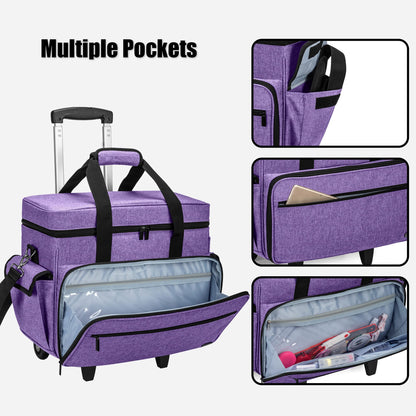 Teamoy Sewing Machine Case with Detachable Wheels, Rolling Sewing Machine Tote with Wheels and Bottom Wooden Pad, Compatible with Singer, Brother and Most Majority Machines and Accessories, Purple