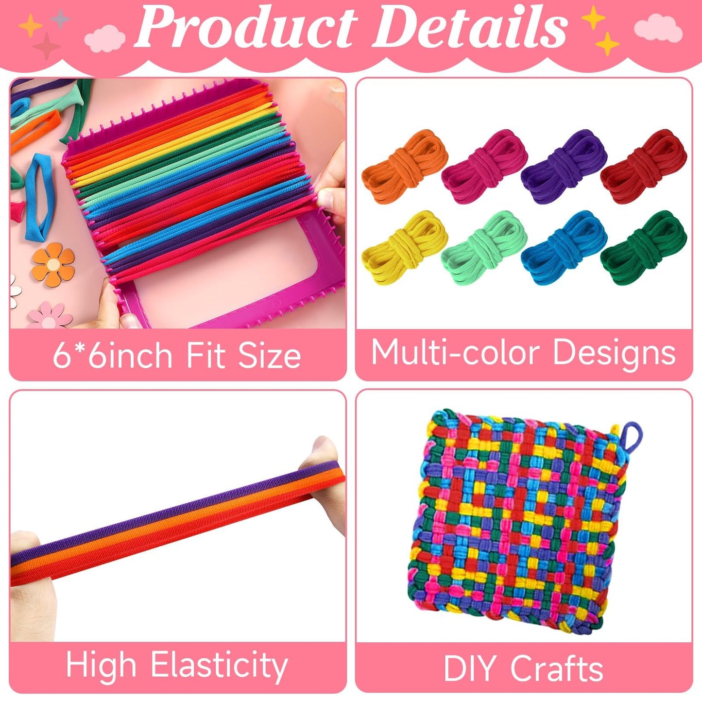 ZOIIWA Refill Loops for 7 Inch Weaving Loom, 8 Colors Potholder Loom Potholder Making, Elastic Weaving Loop Craft Flexible DIY Kit Craft Bands for Adults DIY Rainbow Color Projects Gifts