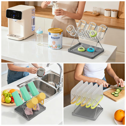 Solvrix Bottle Drying Rack, Stainless Steel Foldable Water Bottle Drying Rack Organizer with Drain Tray for Baby Bottles, Cups, Mugs and Glass, Baby Bottles Dryer Countertop, Stainless Steel