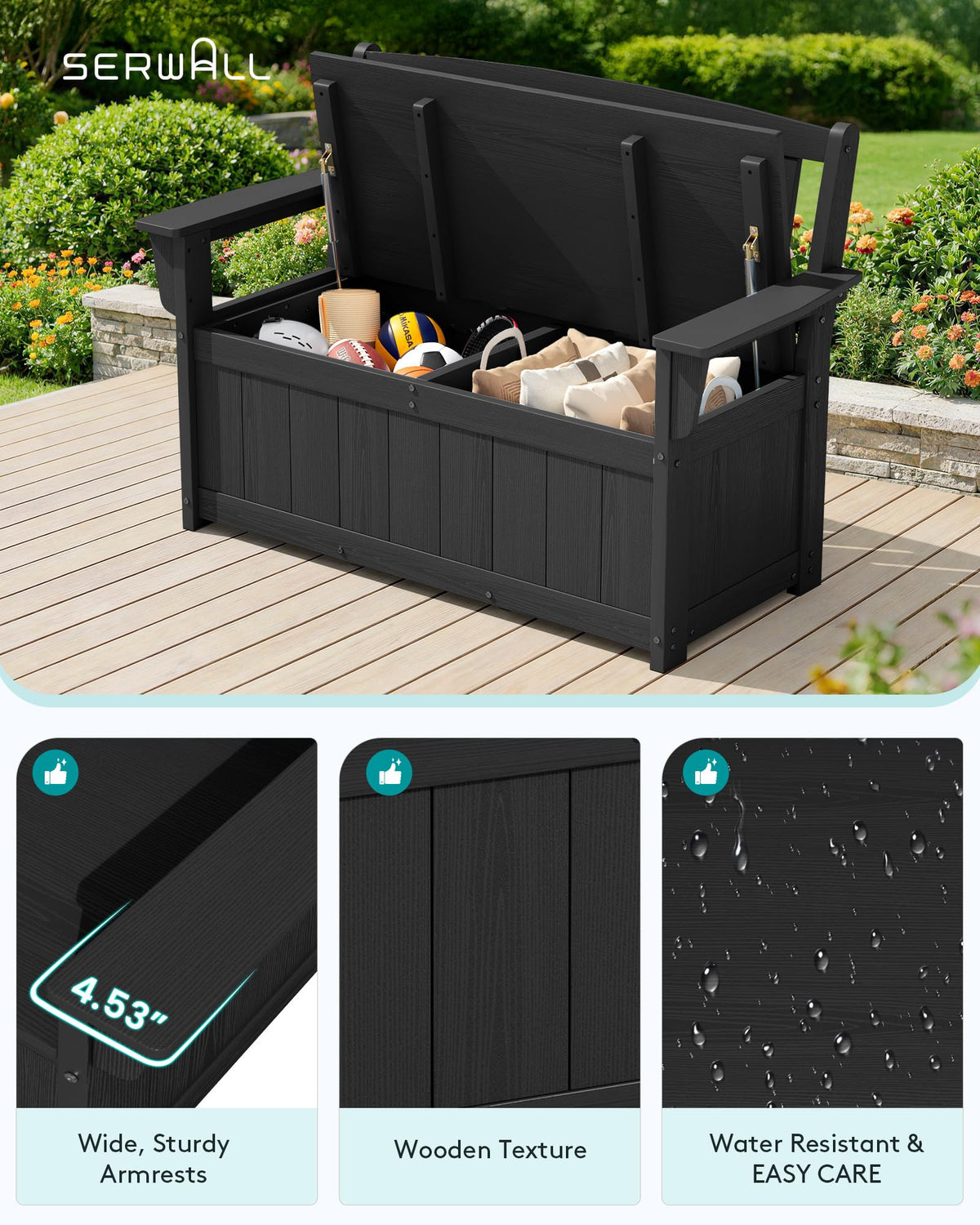 SERWALL HDPE Outdoor Storage Bench, All-Weather, UV-Resistant Deck Box with Waterproof Storage Bags, 57 Gallon Dual-Use Seat & Organizer Deck Boxes for Patio, Garden Tools & Pool (Dark Black)