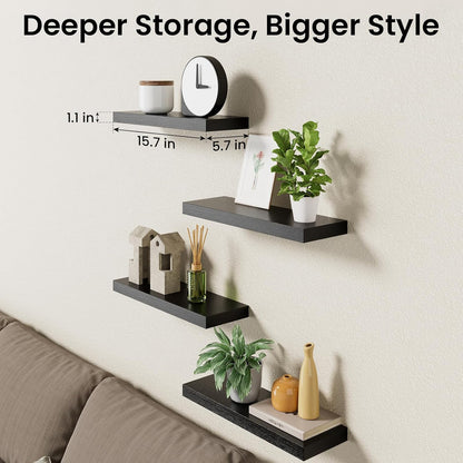 15.7in 22lbs Set 4) BAYKA Floating Shelves for Wall, Wall Mounted Rustic Wood Shelves for Bathroom, Bedroom, Living