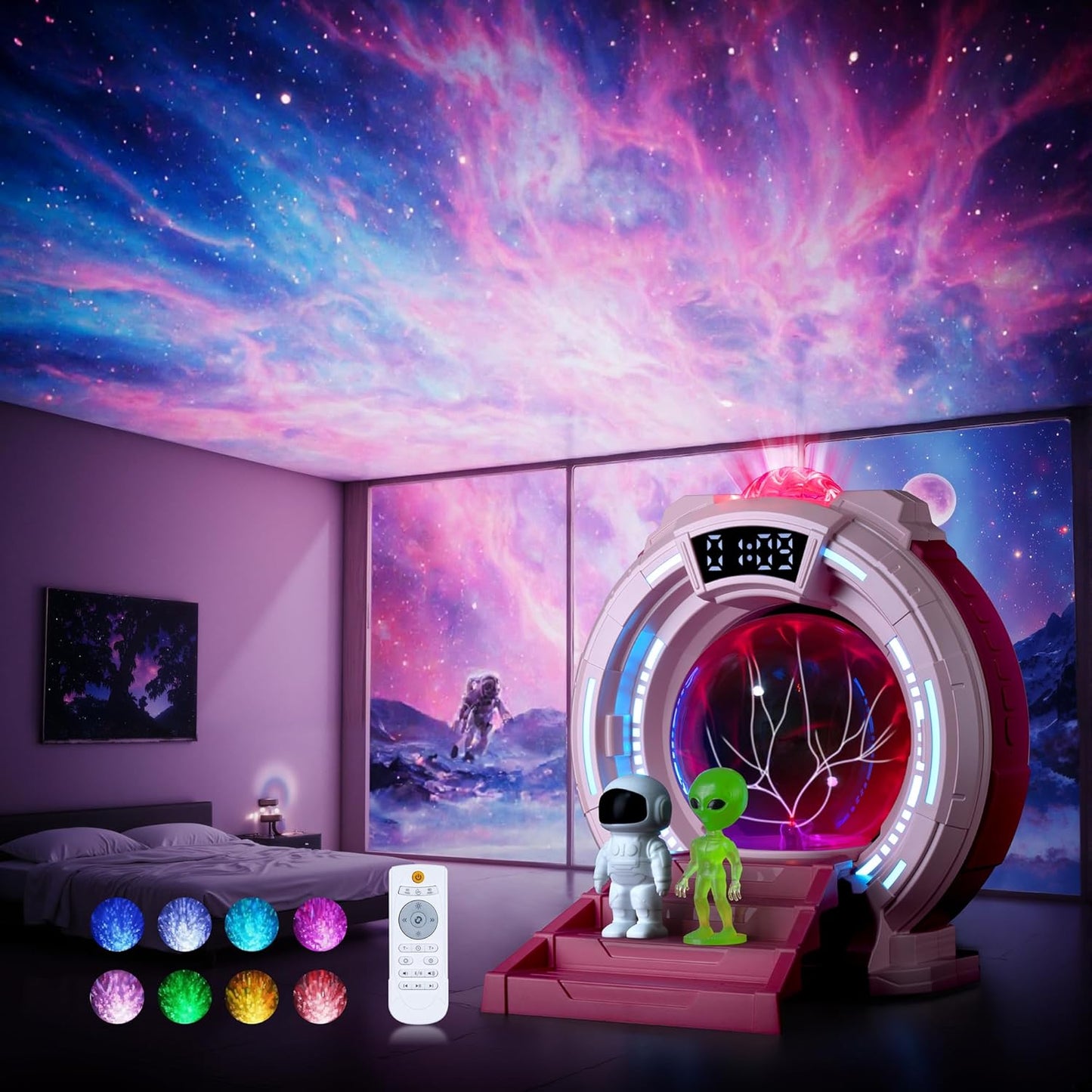 Space Portal Plasma Ball Night Light, LED Galaxy Projector Alien Lamp with White Noise, Bluetooth Music Speaker Alarm