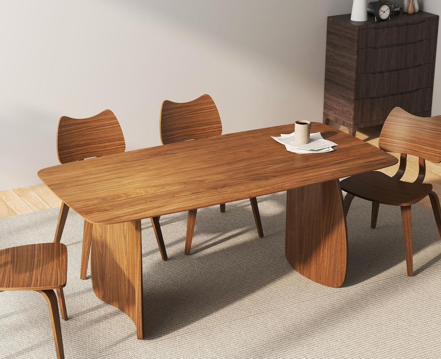 ROCITY 70 Inch Large Dining Table for 6-8 People, Solid Wood Kitchen Table with Curved Wooden Legs, Mid Century Modern Rectangular Long Dinner Table for Dining Room, Walnut