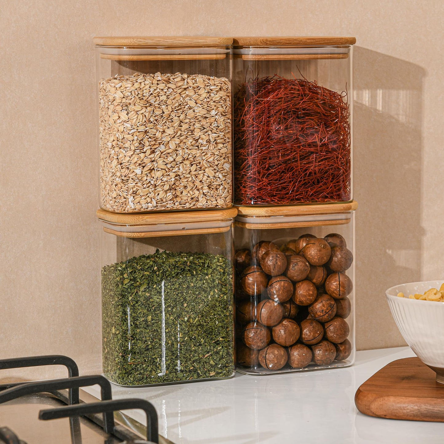 D2scrma 37oz Rectangle Airtight Glass Storage Containers with Bamboo Lids (Set of 6), Square Food Storage Jar, Pantry Organizers for Cereal, Nuts, Snacks and Coffee beans (‎with Black Lable)
