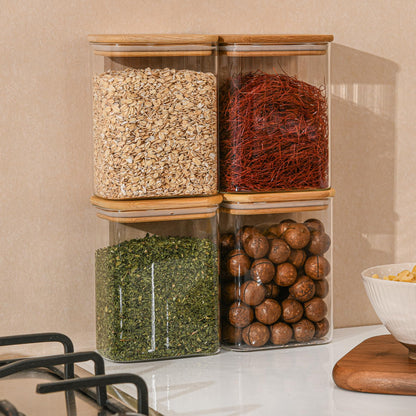 D2scrma 37oz Rectangle Airtight Glass Storage Containers with Bamboo Lids (Set of 6), Square Food Storage Jar, Pantry Organizers for Cereal, Nuts, Snacks and Coffee beans (‎with Black Lable)