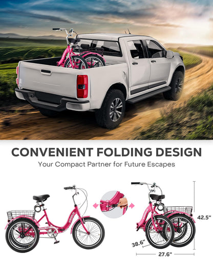 VIRIBUS Folding Tricycle for Adults, 20 inch Foldable Adult Tricycle, Folding 3 Wheel Bikes with Basket for Short Women Seniors, 1 Speed Collapsible Trike 330lb. Capacity, Three Wheeler Hot Pink