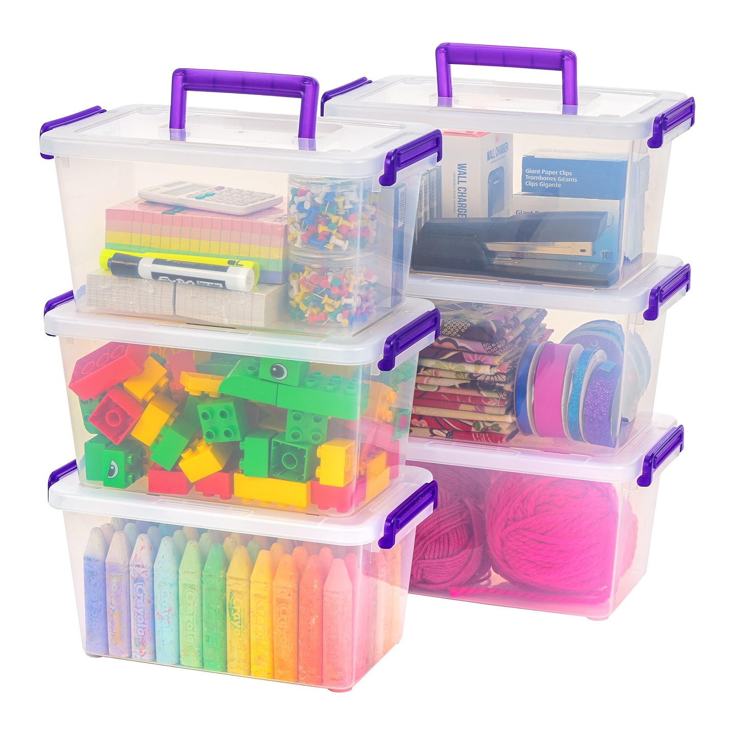 IRIS USA 5 Qt. Plastic Craft Storage Container Bins with Lids, 6 Pack, Small Art & Office Supply Organizer Tote, Sensory Bins & Boxes for Home & University, Stackable, Carry Handle, Clear