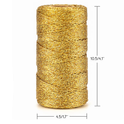 jijAcraft 656 Feet Gold String Twine - 1.5mm Metallic Ornament Thread Gift Wrapping - Inelastic Macrame Glitter Twine Cord for Gift Wrapping, DIY Crafts, Bracelets