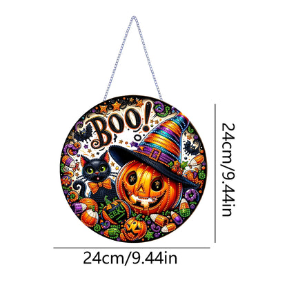 DIY Halloween Acrylic Diamond Art Painting Wreath Kits Special Shaped Rhinestone 5D Diamond Art Window Pendants Home Garden Wall Hanging Kits Hanging Ornament (Pumpkin and Cat)