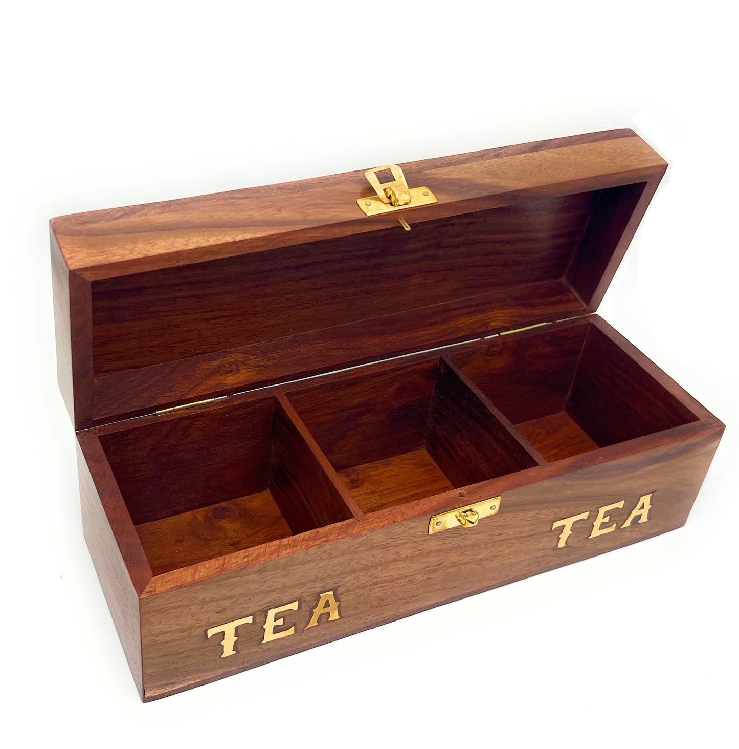 Handcrafted Rosewood Tea Box, 3-Compartment Tea Bag Organizer, Natural Wood Decorative Storage Chest with Brass Inlay, Artisan made in South Asia