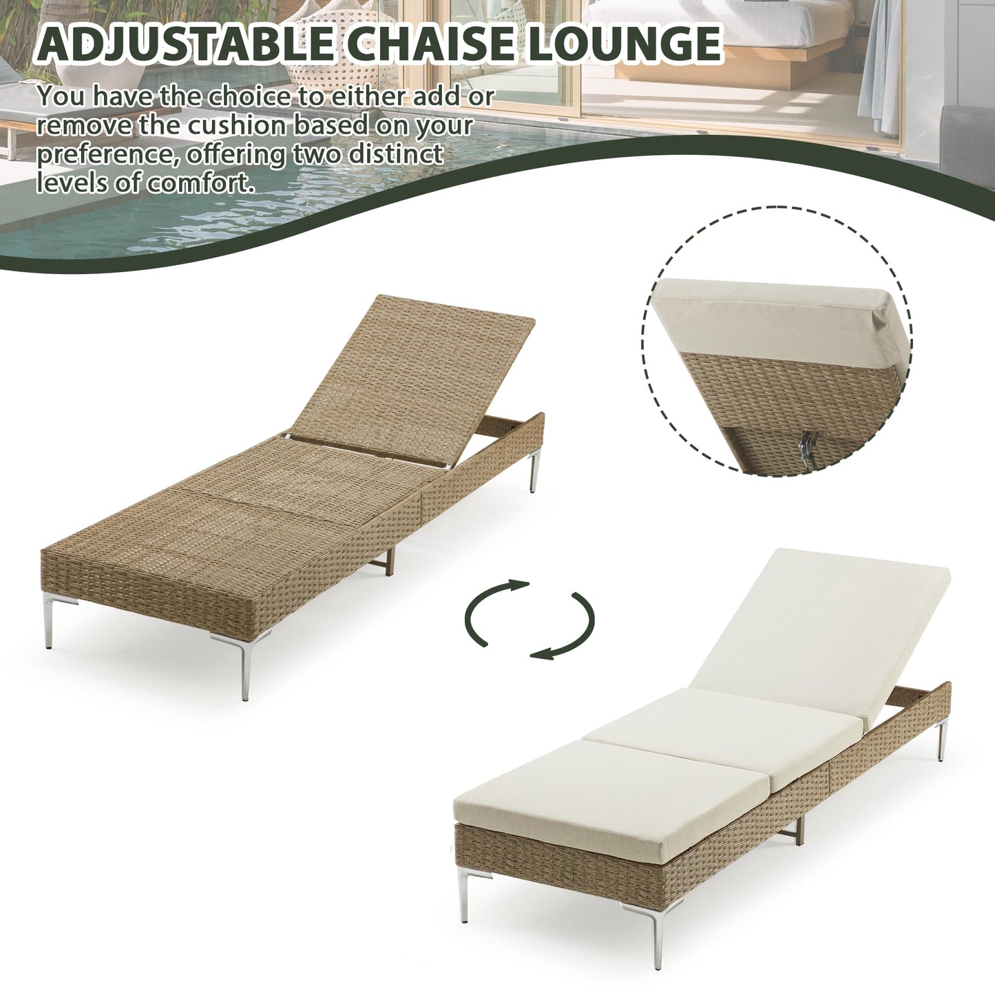 HOMREST Outdoor Chaise Lounge Chair Set of 2, Patio Wicker Lounge Chairs with Adjustable Backrest, Rattan Pool Sunbathing Chaiser with Removable Cushion (Khaki)