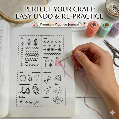 trumpisame DIY Embroidery Stitch Practice Book Kit - Learn 106 Stitches Manual, 86Pcs Complete Starter Set with Magnifier, Metal Thimble, Pre-Printed Linen Pages&106 Floral Patterns