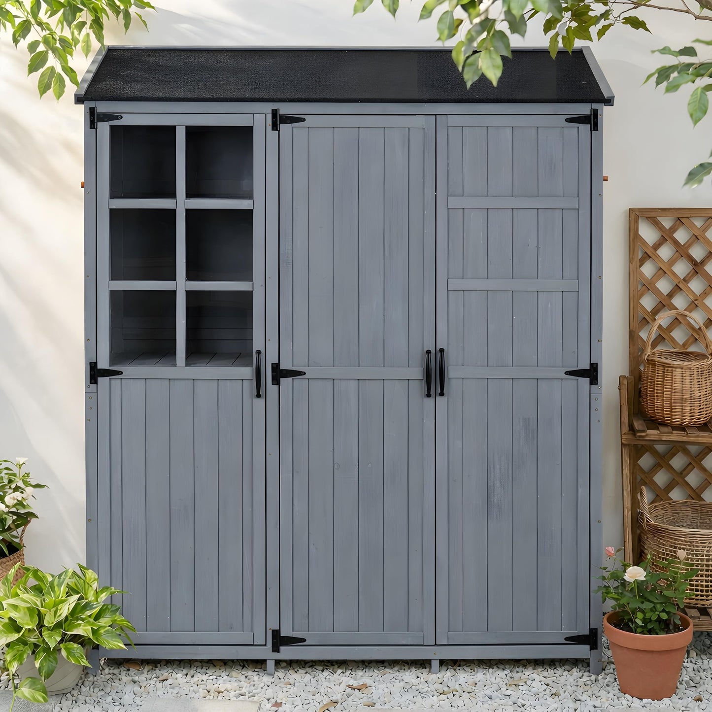 Merax Outdoor Wood Large Garden Storage Shed with Waterproof Roof, Patio 3 Doors Storage Cabinet with Workstation, 7 Storage Shelves, 2 Drawers and 6 Hooks for Backyard, Gray