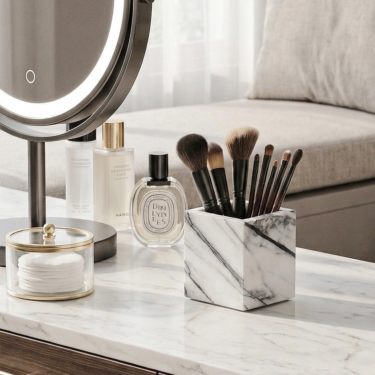 WORHE Natural Lilac Marble Toothbrush Holder 3.93Inch Solid Stone Makeup Brush Organizer, Luxurious Pen Holder, Square Utensil Storage Container for Bathroom, Office, Countertop Home Decor (WH097)