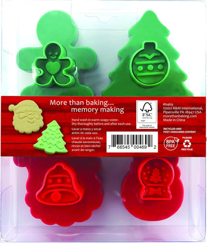 R&M Christmas Double-Sided Cookie Cutter Stamper Set of 4, Green and Red, Assorted Designs: Christmas Tree, Snowman,