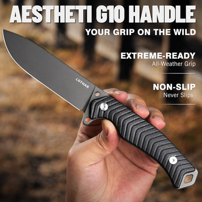 LOTHAR BAT Fixed Blade Knife with Sheath, 4.5 Inch Tactical Horizontal Carry Knives with G10 Handle, Bushcraft Hunting EDC Knives, Survival Camping Fixed-Blade Knives Gifts For Men