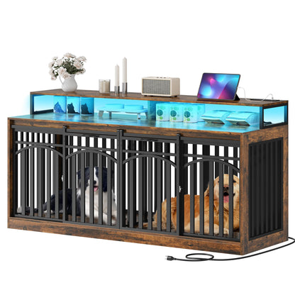 DWVO 71" Double Dog Crate Furniture with LED Light & Power Outlets, Heavy Duty Dual Dog Kennel TV Stand w Storage Shelves Sliding Doors, Wooden Two Dog Cage Table 2 Medium Large Dogs, Rustic Brown