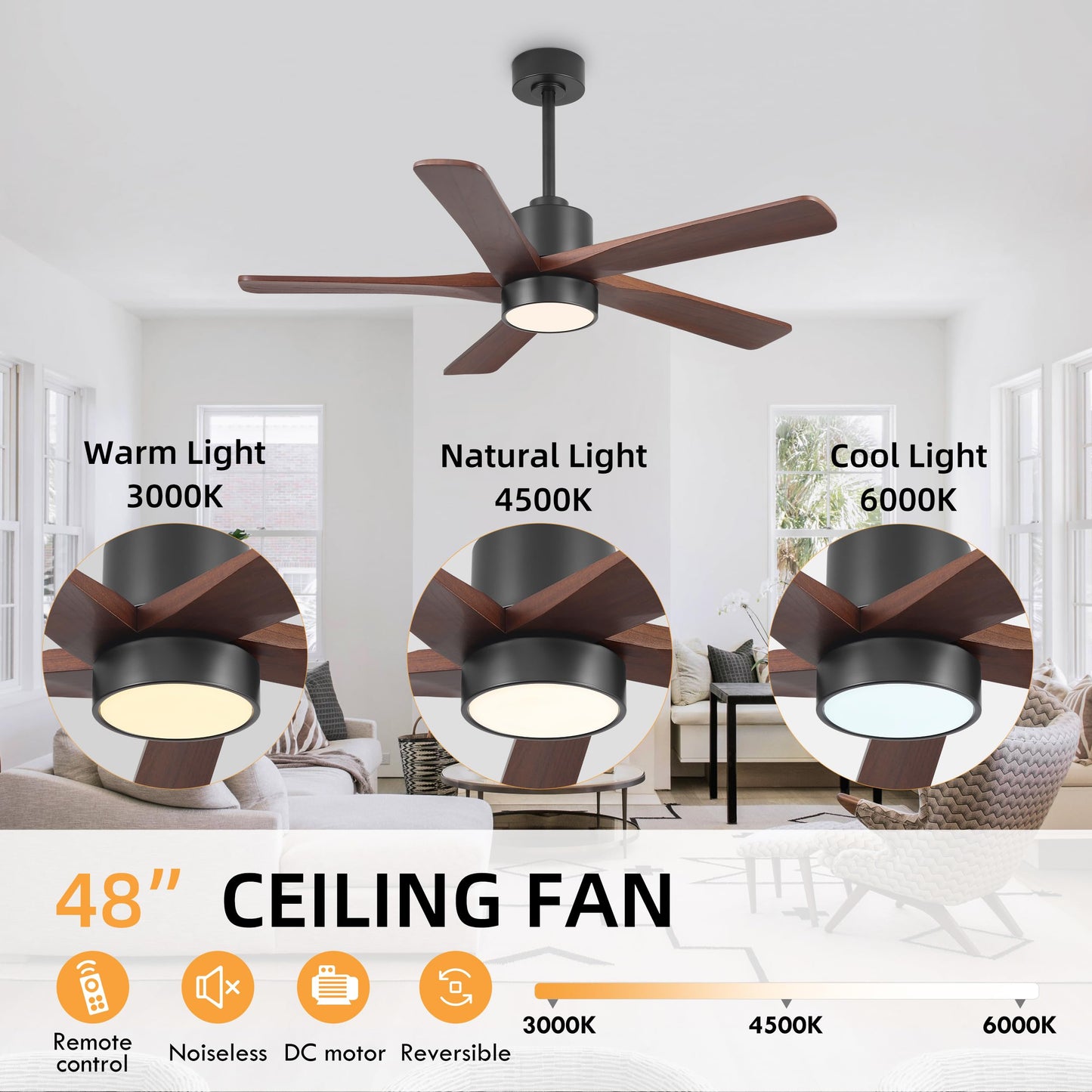 WINGBO 48 Inch DC Ceiling Fan with Lights and Remote Control, 5 Carved Solid Wood Blades, 6-Speed Noiseless Reversible DC Motor, Indoor Ceiling Fan in Matte Black Finish with Walnut Blades