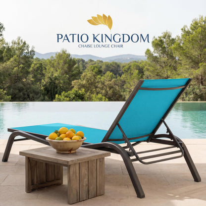Patio Kingdom 3-Piece Patio Chaise Lounge Set with Side Table, Set of 2 Adjustable Pool Chairs and Aluminum Bistro Table, All-Weather Outdoor Furniture for Pool Deck, Patio & Tanning, Sky Blue